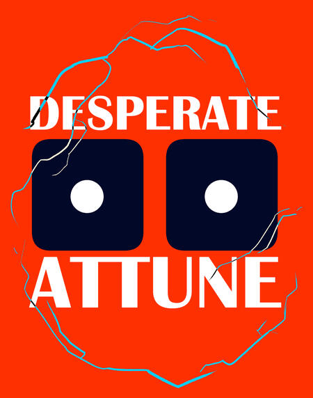 Desperate Attune's logo. Two black dice showing one white pip each on a red background. The words Desperate and Attune are placed above and below the dice respectivelyh. There is a lightning effect across the image.